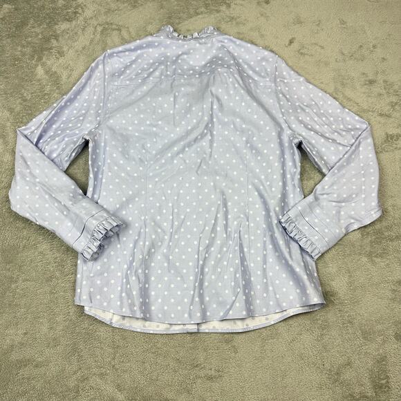 Chicos Size 1/ US 8/10 Womens Blue Non Iron Cotton Ruffle Dot Button Up Shirt - Picture 2 of 7